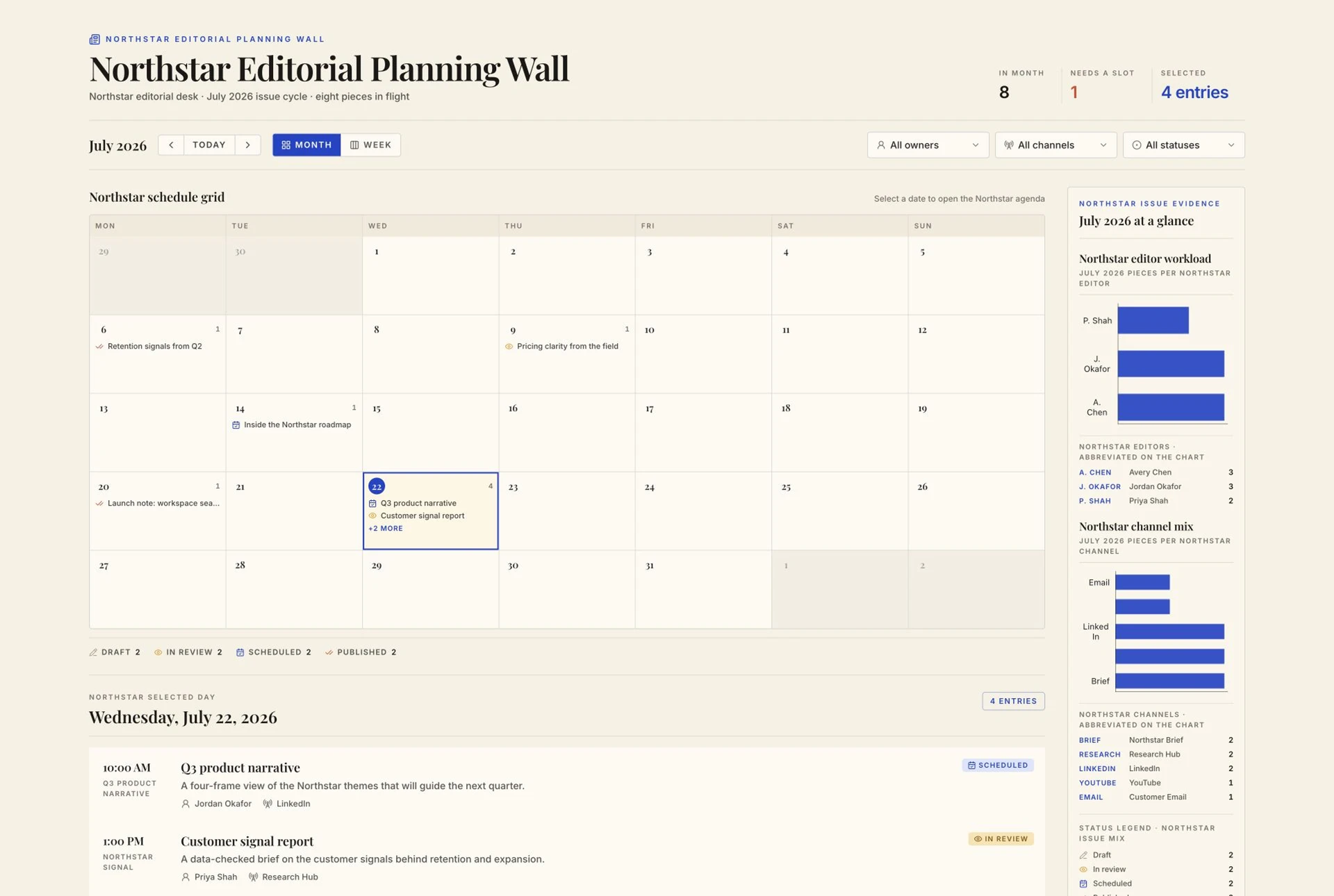 Content Calendar template interface showing interactive month and week planning views