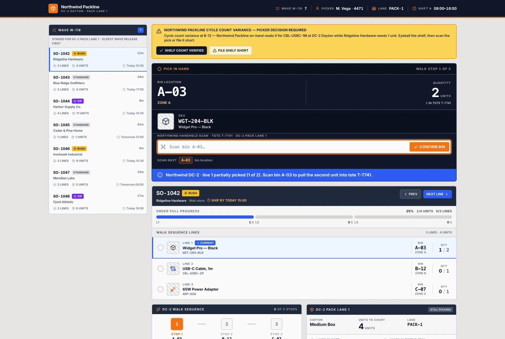 Pick And Pack Software template interface showing seven-order ready-to-pick queue, guided bin and SKU barcode validation