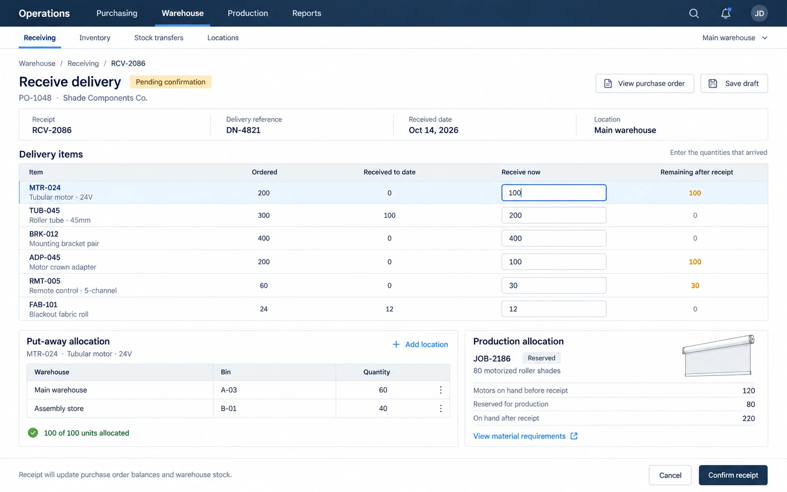 Blinds & Window-Covering ERP template interface showing material requirements and proposed purchase orders