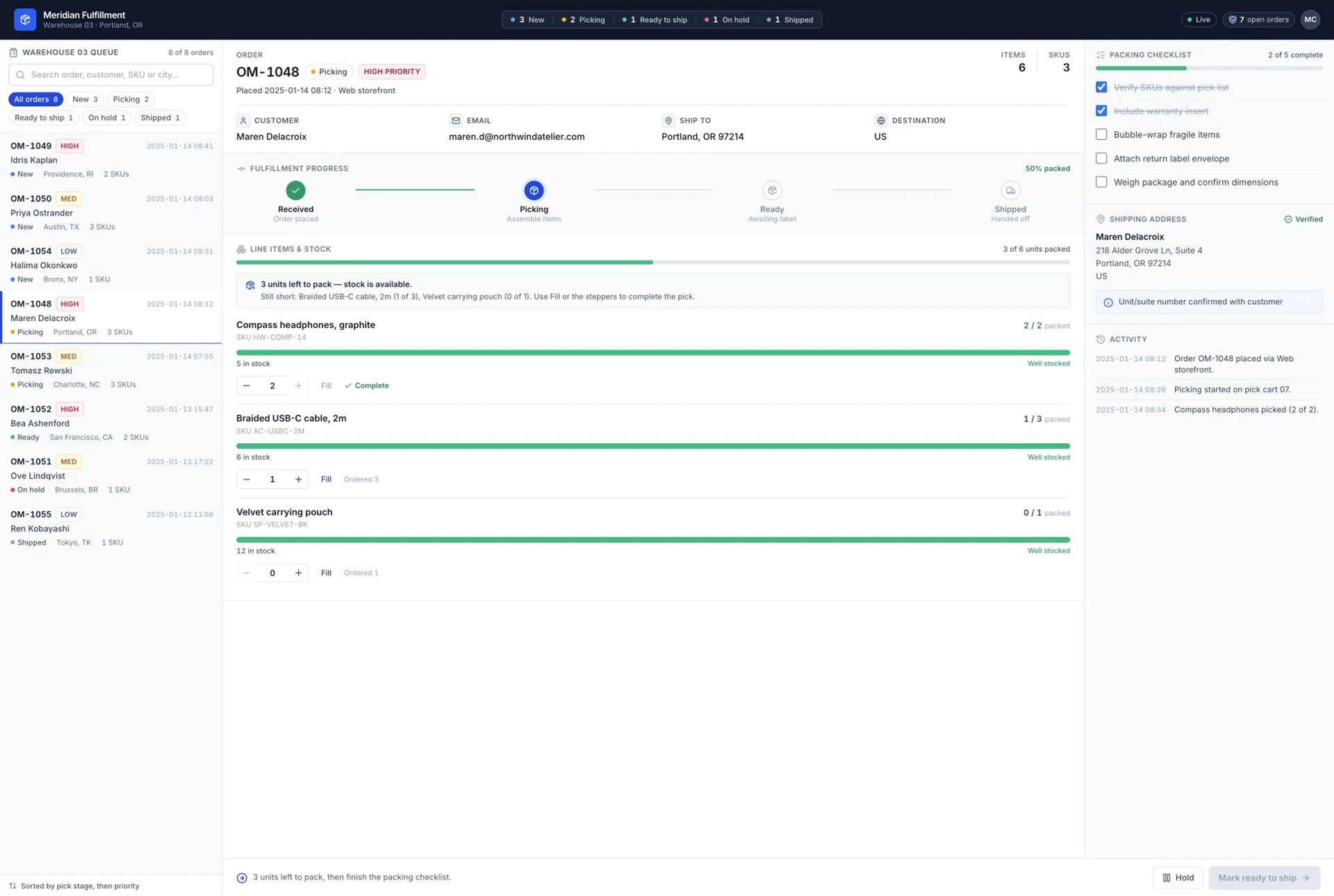 Order Management System template interface showing searchable, status-filtered priority order queue