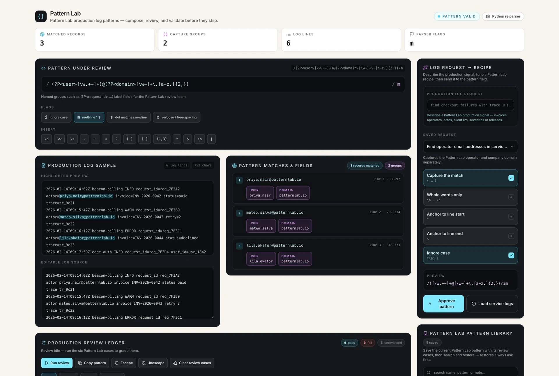 Regex Tester & Generator template interface showing natural-language recipe picker with deterministic pattern suggestions