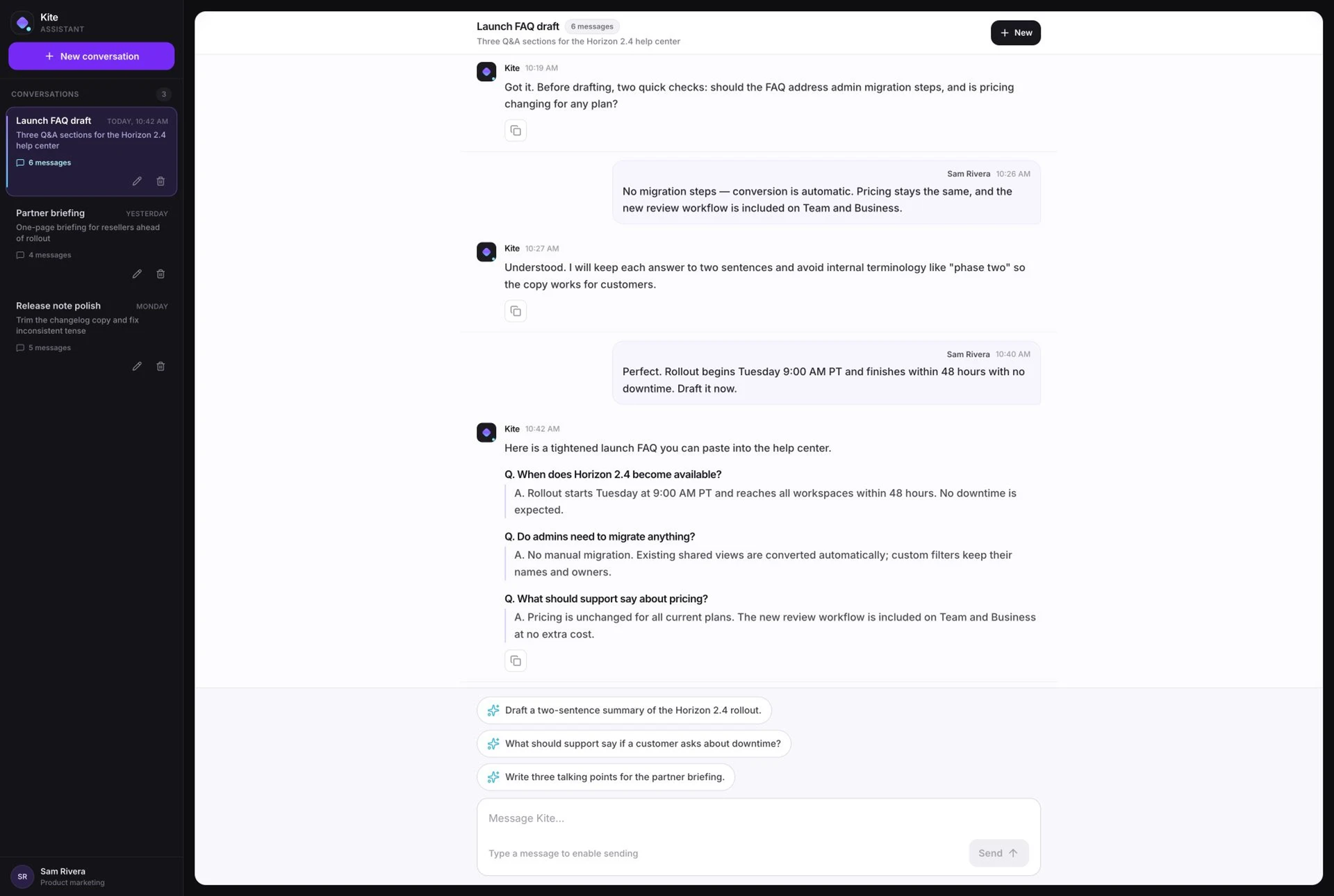 AI Chatbot template interface showing deterministic local message and response workflow