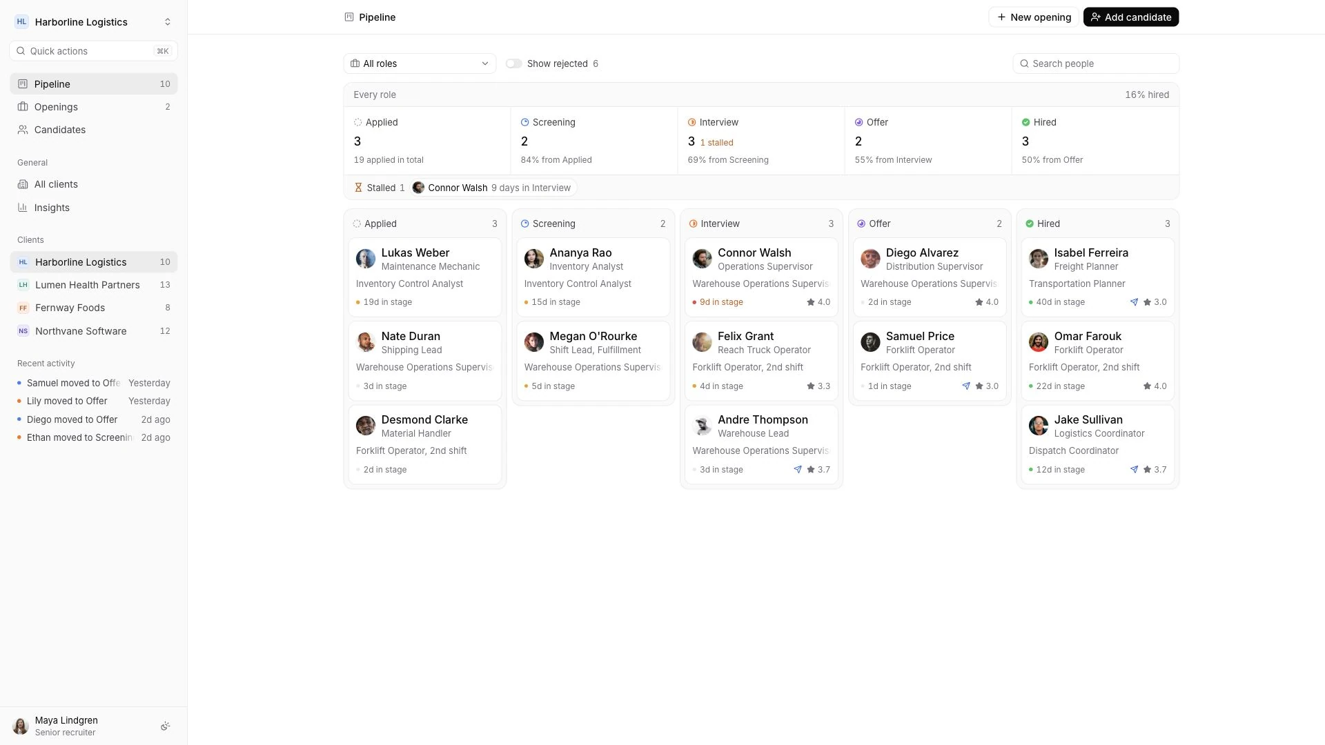 Multi-Client Recruiting template interface showing four client workspaces with quick client switching